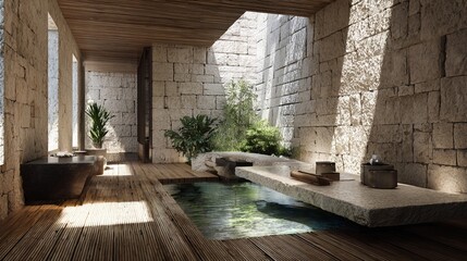 Fototapeta premium Serene Minimalist Spa Retreat with Natural Stone Walls and Tranquil Water Features Surrounded by Lush Greenery
