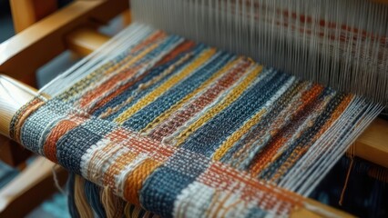 Hand-Woven Tapestry in Progress with Textured Stripes of Earthy Colors on a Loom.