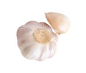 Top view set of one unpeeled garlic bulb and one garlic clove isolated on white background with clipping path