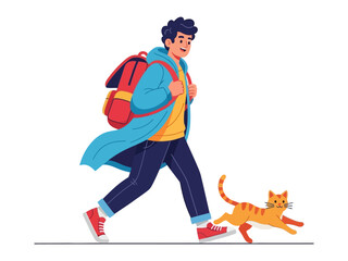 Boy Walking with Cat: A friendly boy, with a rucksack, strides energetically alongside his happy orange cat in this lively illustration of outdoor fun and pet companionship.