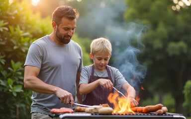 A father and son cook together at a backyard barbecue on a warm summer day. High quality