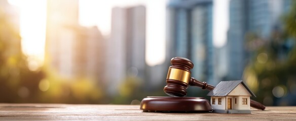 The gavel and miniature house representing real estate law and justice.