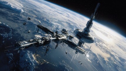Space station orbiting Earth with ships passing by, research facility mockup