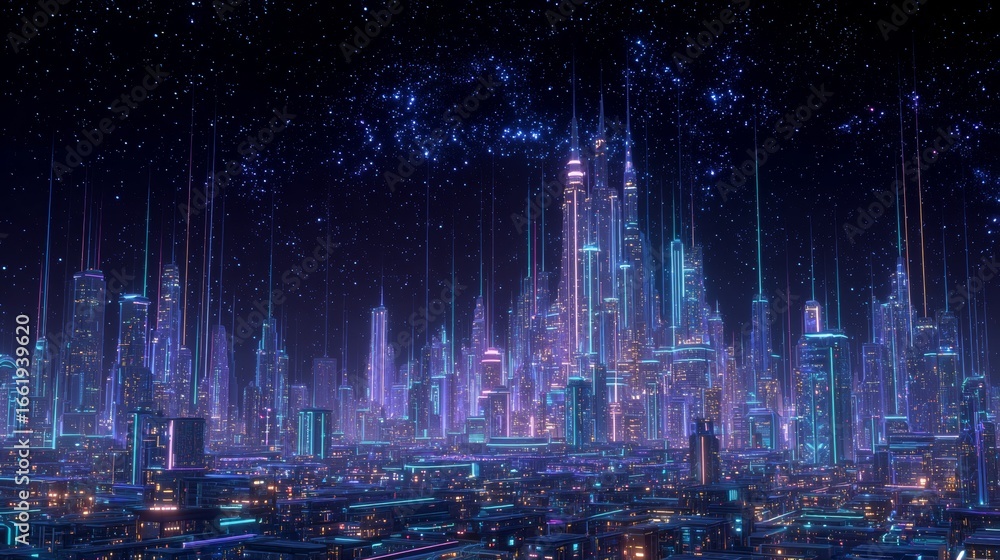 Poster futuristic metropolis with holographic elements and floating structures under a starry sky