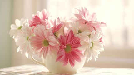 A serene arrangement of pink and white gerbera daisies in a small white teapot,