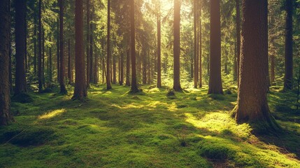 Obraz premium Coniferous forest utilized for forestry under the gentle morning sunlight