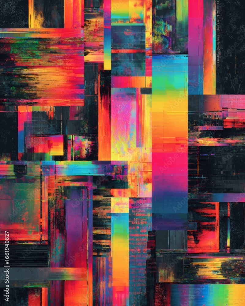 Poster abstract vibrant glitch art poster with distorted colors and textures in dynamic patterns