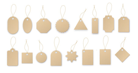 Realistic vector price tag. Cardboard label, paper sale tags mockup blank labels template shopping gift empty stickers with ropes tags vector © YURII