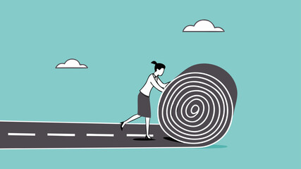 create a new career path for business success, start new opportunity to achieve target or goals, businesswoman making a road from asphalt carpet concept illustration
