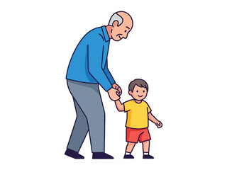 Obraz premium Walking with Grandpa: A heartwarming cartoon illustration shows a grandfather gently guiding his grandson as they take steps together, a symbol of intergenerational bond and familial love.