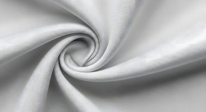 An elegant close-up of a soft white woven textile, twisted into a smooth spiral that creates a beautiful abstract background with flowing lines and texture
