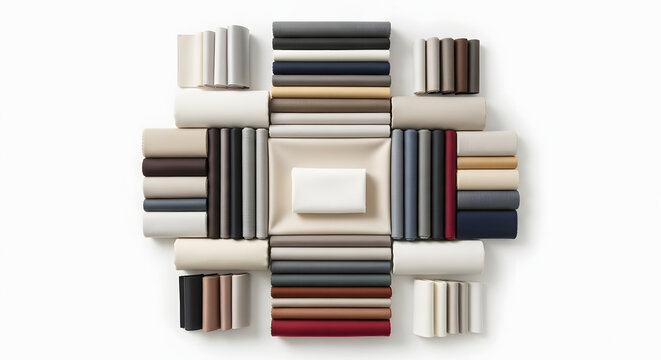 A large, organized flat lay of a textile collection, featuring folded and rolled fabric samples in neutral and earth tones, arranged in a geometric pattern for an interior design catalog