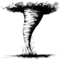 Monochrome halftone illustration of a tornado with swirling cloud top. Vector illustration