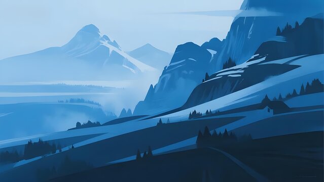 Misty Mountain Landscape with Snow-Capped Peaks and Forested Slopes