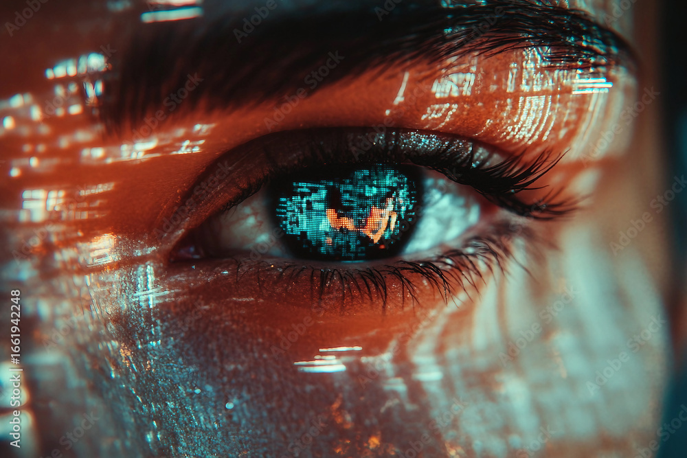 Poster generative ai glitch art composition of male female face merged with digital code and futuristic vis