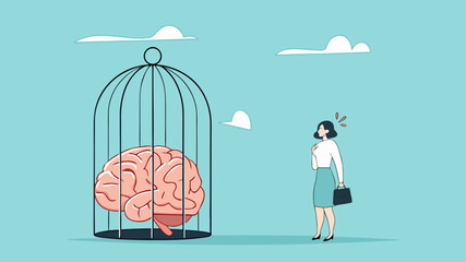 thinking traps, Negative Thought Patterns That Keep You Stuck, Stressed and Anxious, social issue, confused woman with a brain trapped in a cage illustration
