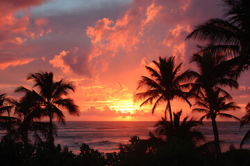 Obraz premium Breathtaking fiery sunset casting vibrant orange hues across the sky and ocean, silhouetting palm trees for a tranquil tropical paradise escape, perfect for vacation vibes