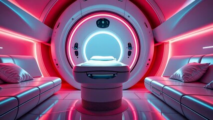 Futuristic medical scanner room with glowing neon lights advanced technology and modern healthcare interior design - Powered by Adobe
