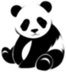 Halftone illustration of a cute sitting panda in black and white design. Vector illustration