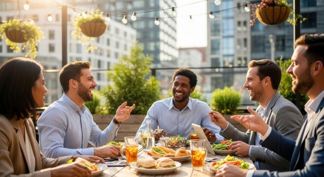 Diverse Business Professionals Enjoying a Lively Outdoor Lunch Meeting at a Modern Rooftop Restaurant