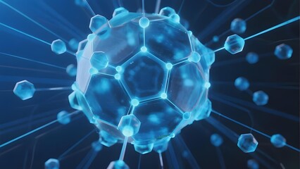 Abstract depiction of a molecular structure with interconnected nodes and radiating lines on a blue background