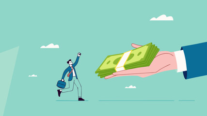 Fototapeta premium receive payment, reward or employee benefits, wages payment or bonus, bill payment, annual bonus, salary payment concept, happy worker receives money banknotes from businessman hand concept vector 
