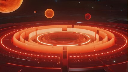 Fototapeta premium Futuristic Circular Platform with Illuminated Rings and Planetary Background