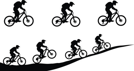 Cyclist silhouette sequence, mountain bike riding uphill, backpack figure, varied terrain motion, black vector icons, outdoor sport, isolated design, cycling activity