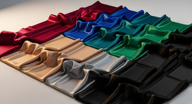 A luxurious collection of richly colored satin fabric samples, draped and arranged in a grid to display a vibrant palette of glossy textiles for fashion or interior design