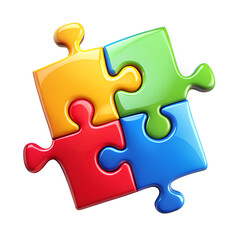 Obraz premium Four colorful interlocking puzzle pieces forming a square, representing teamwork, connection, and problemsolving, isolated on transparent background