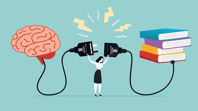 read books to learn new lessons, literature or intelligence information, improve literacy and numeracy skills, woman connect plug with stack of book with human brain concept vector illustration
