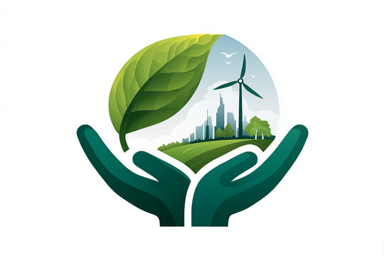 Eco-friendly concept illustration, two green hands holding a leaf and a sustainable city with wind turbine, white background, clean energy, renewable resources, simple design, green color scheme, vect