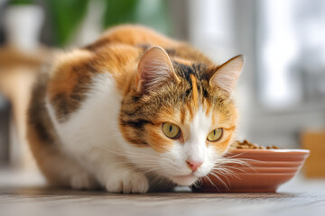 Cute cat eating on floor at home