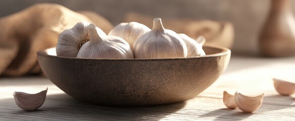 The rustic garlic bulbs in a textured bowl on a wooden table.