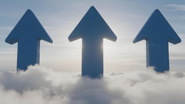 Three blue upward arrows emerging from clouds against a bright sky