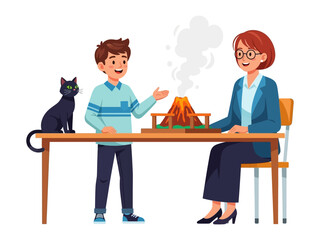 Volcano Model with Teacher and Student: A curious student explains a detailed volcano model to their teacher, alongside their playful cat, a visual of a Science learning experience.