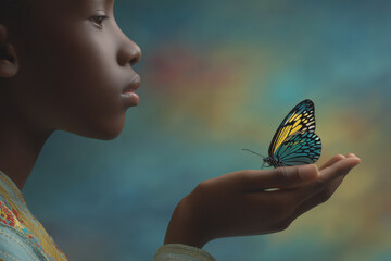 child gazes curiously at delicate butterfly resting on their palm background bursting with ultrabright colors