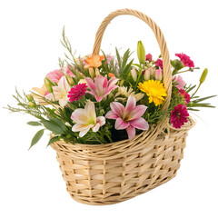 Obraz premium A beautiful handmade rattan flower arrangement basket isolated on a transparent background png