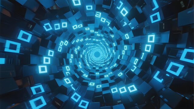 A futuristic tunnel with glowing blue squares forming a mesmerizing spiral pattern.