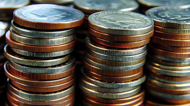 Detailed Close Up of Stacked Coins Symbolizing Wealth Accumulation
