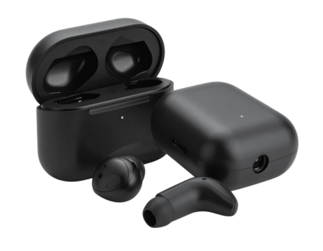 Pair of Black Bluetooth Earbuds with Charging Case, isolated on a transparent background