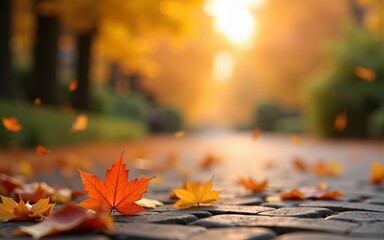 Falling Maple Leaves in Autumn Colors on Pavement with Bokeh Background. High quality