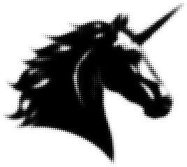 Silhouette of unicorn head in black dots pattern. Vector illustration