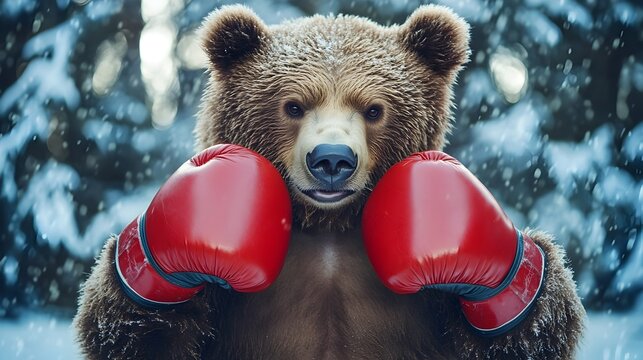 Playful Bear Wearing Red Boxing Gloves Ready for a Scrappy Fight