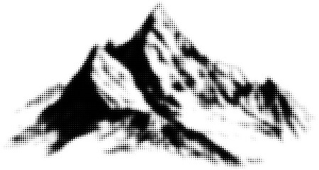 Black and white halftone mountain illustration with sharp peaks, digital art. Vector illustration