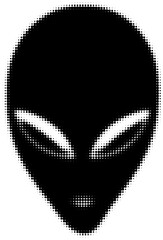 Alien head silhouette in halftone pattern with black and white contrast. Vector illustration