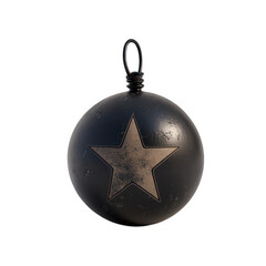 Obraz premium Dark textured sphere with a star and hanging loop, isolated on transparent background