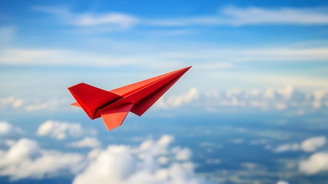 Vibrant Red Paper Plane Soaring Through Cloudy Sky Symbolizing Bold Leadership and Nonconformity