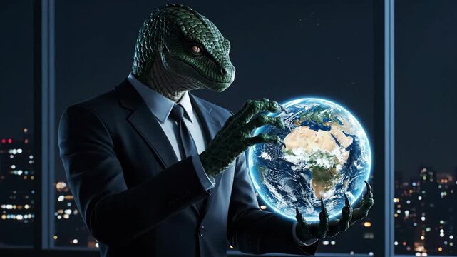 Lizard Person in Suit Holding Planet Earth - An artist's impression of a lizard humanoid dressed in a business suit, holding a glowing model of Earth.