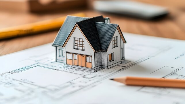 Architectural House Design Concept with Pencil Drawing on Paper